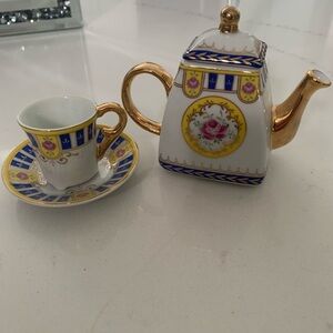 Imperial Porcelain Gold and Blue miniature tea pot and cup